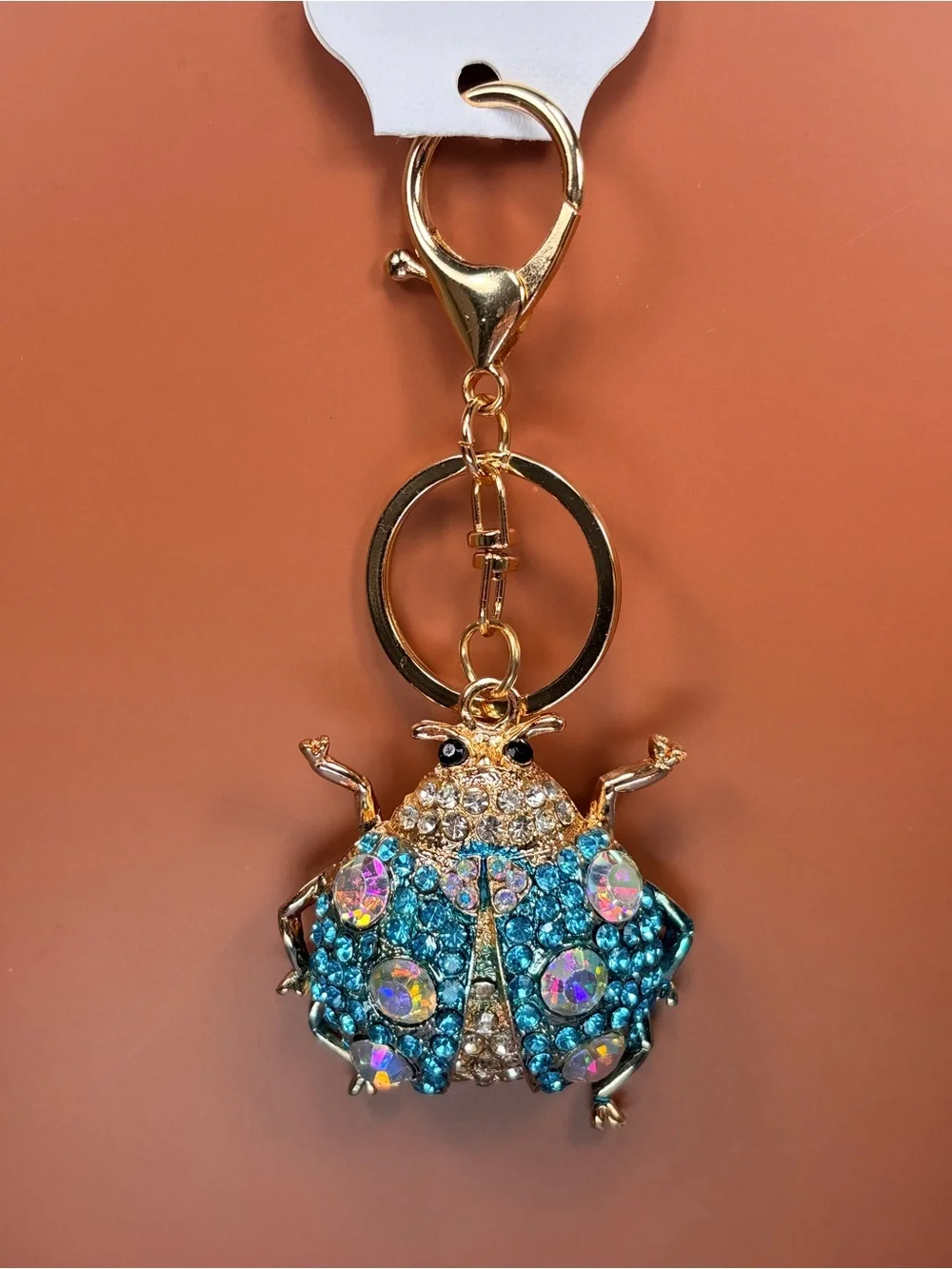 Sparkling Ladybug Keychain - Gold with Blue Aurora Rhinestones